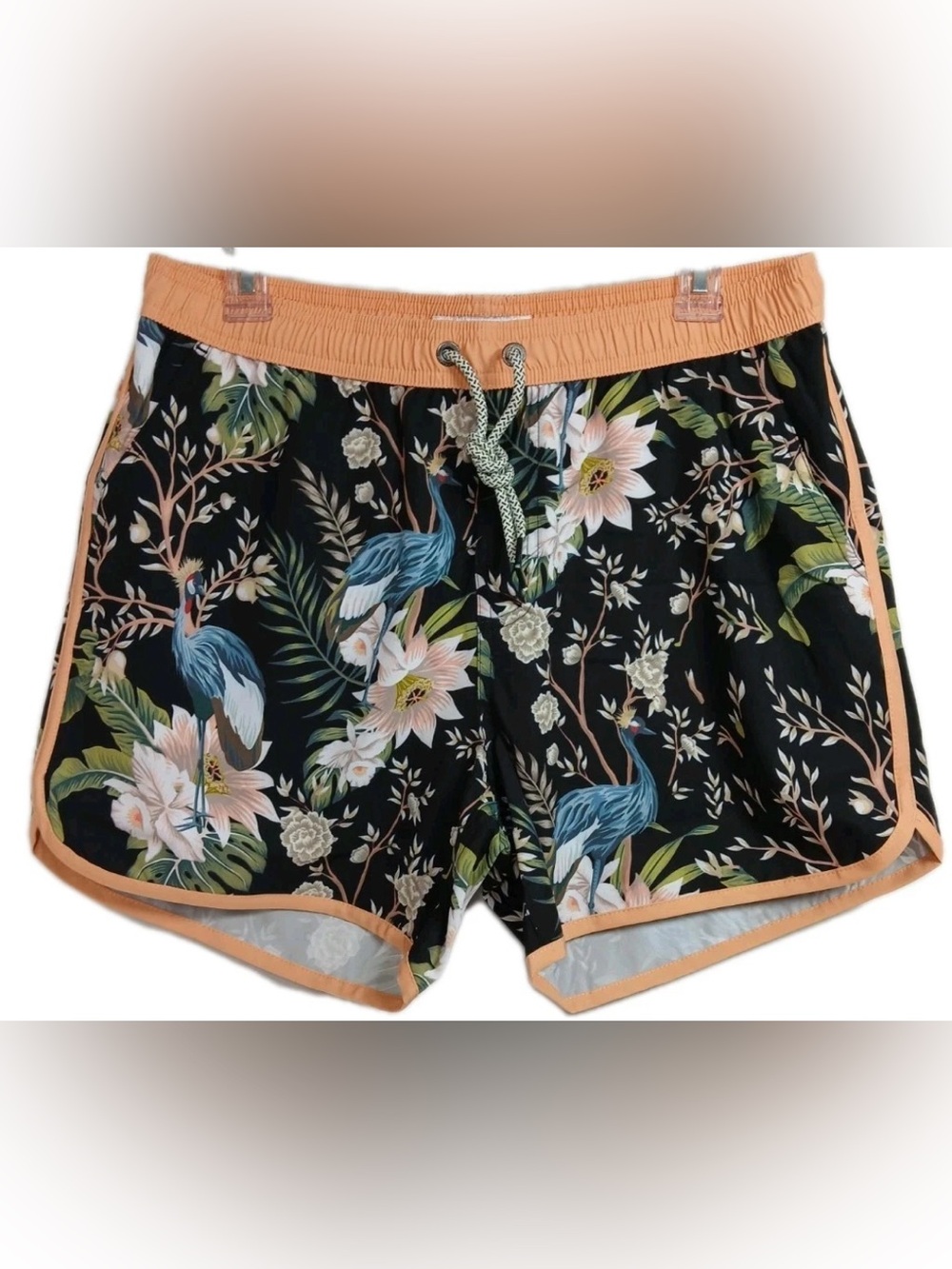 Magic Tropical Crane Print Shorts in Black and Peach new size small